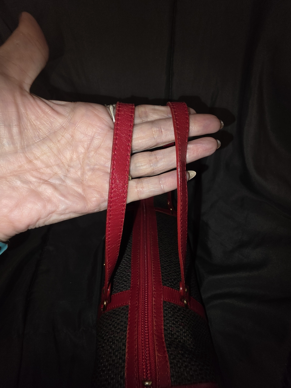 Yves Saint Laurent Brown Woven Cylinder Bag with Red Leather Trim - Picture 14 of 16